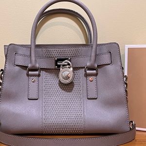 Michael Kors Hamilton Micro Stud Center Stripe Pearl Grey Leather Handbag